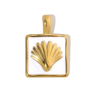 Detail of square gold-rimmed pendant with white enamel and golden shell relief