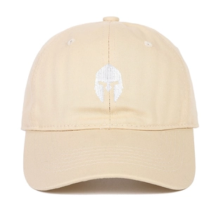 Classic beige cotton baseball cap with white embroidered Spartan helmet logo on front