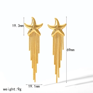 Elegant gold starfish stud earrings with long tassel chain fringe for women, 69mm length