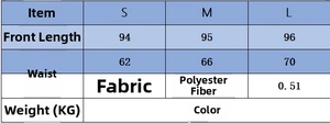 Size chart detail for blue knit dress and pants set with S, M, L dimensions