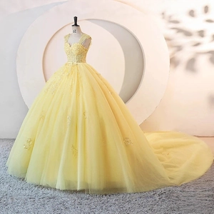 Elegant yellow tulle ball gown with sequined embroidery and long train on mannequin