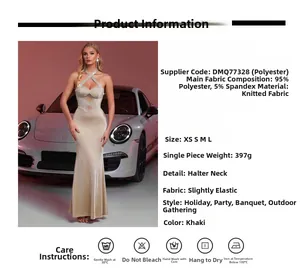Détails de la robe en maille kaki à strass montrant le tissu et la coupe sirène élégante