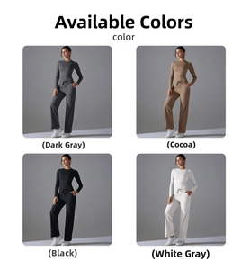 Vue détaillée des couleurs de l'ensemble de yoga en gris foncé, cacao, noir et blanc gris