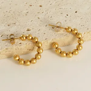 Beaded Hoop Earrings 18K Gold Plated Stainless Steel C Shaped French Retro Minimalist Geometric Studs For Women