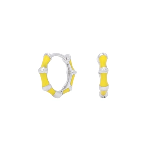 Macro detail of S925 sterling silver bamboo hoop earrings with yellow enamel dripping finish