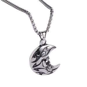 Punk style silver crescent moon pendant necklace with skull relief and flame patterns