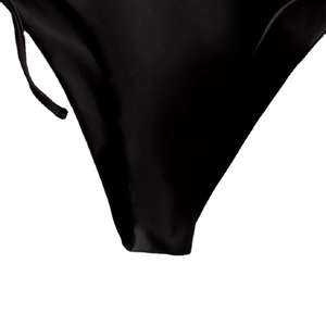 Sexy black high-cut bikini bottom with drawstring side ties in shiny elastic fabric
