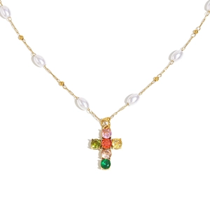 Collier en acier inoxydable plaqué or 18K avec perles et croix en zircons colorés