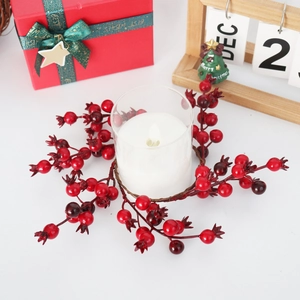 Christmas Artificial Red Berry Pomegranate Candle Ring Foam Wreath Festival Holiday Tabletop Decoration Handcrafted
