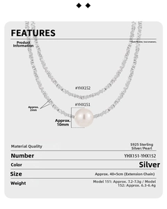 Detail specifications of S925 silver necklace with sizing and pearl diameter info