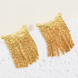 Detail view of gold tassel chain earrings with shimmering cubic zirconia accents