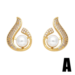 Elegant gold-tone heart pearl earrings with sparkling zircon accents on a white background