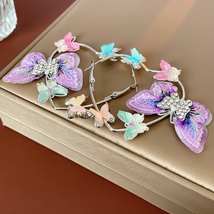 Gros plan de créoles argentées avec papillons 3D colorés et strass brillants décoratifs