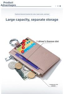 Pink lychee grain leather wallet detail with multi-card slots and coin pocket