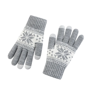 Grey and white Nordic snowflake pattern knit winter gloves with touchscreen fingertips