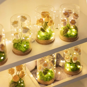 Lampada di mughetto all'uncinetto fatta a mano in cupola di vetro con luci LED