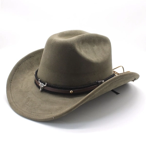 Retro felt western cowboy hat with brown leather band and silver bull skull metal emblem