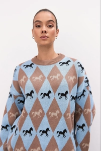Close-up of crewneck knit sweater with light blue and brown argyle horse pattern detail
