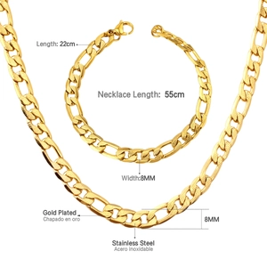 Detail view of 8mm gold plated stainless steel necklace and bracelet set with size labels