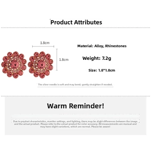 Detail specifications of pink floral rhinestone earrings with 1.8cm diameter and 7.2g weight