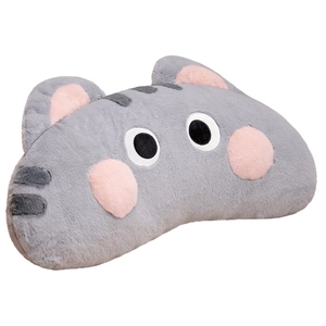 Plush cartoon cat pillow toy with soft grey fur and pink details in a 45-degree view