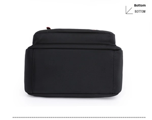 Detailed bottom view of the large capacity black oxford cloth backpack showing reinforced seams