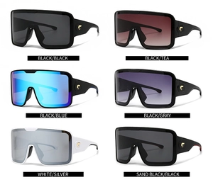 Detailed grid view showing six color variations of oversized mask-style ocean lens sunglasses