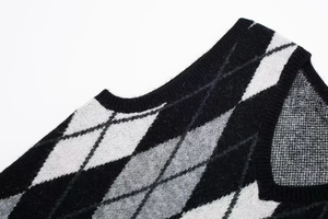 Detailed macro shot of classic diamond knit pattern on a sleeveless dress vest
