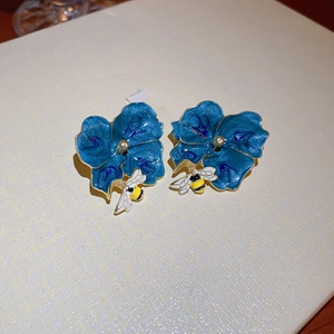 Exquisite blue enamel flower and bee stud earrings with gold-plated metal frames