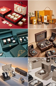 Detailed grid of premium leather watch storage boxes and luxury gift packaging styles