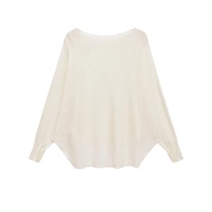Minimalist cream off-shoulder knit sweater with batwing sleeves and ribbed cuffs