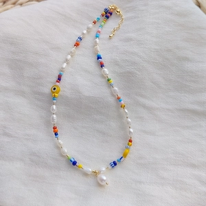 Bohemian colorful beaded necklace with freshwater pearl pendant and gold lobster clasp
