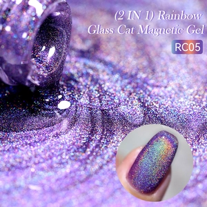 Macro detail of Rainbow Glass Cat Magnetic Gel in purple shade RC05 with aurora glitter