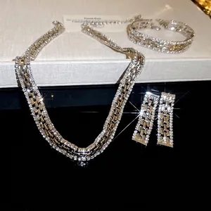 Luxury geometric rhinestone necklace bracelet earring set with gold and silver links