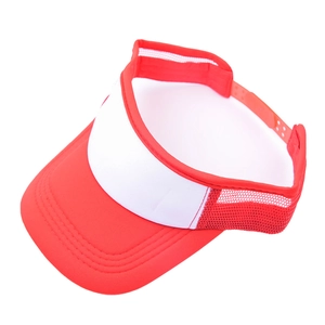 Detail view of red and white sun visor featuring breathable mesh and adjustable back strap