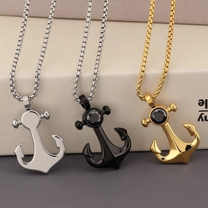 Nautical anchor pendant necklaces in silver, black and gold steel with crystal inlay