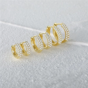 Three pairs of gold S925 sterling silver hoop earrings with triple rows of zircon stones