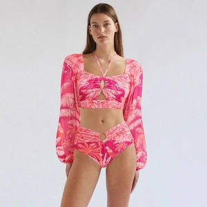 Tropical pink palm and parrot print three-piece bikini set with sheer long sleeve cover-up