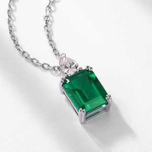 Vintage emerald cut green gemstone pendant with pear shaped diamond in S925 silver setting