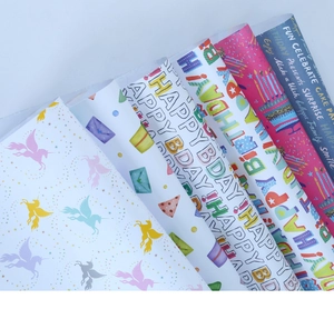 Detailed assortment of colorful English theme gift wrapping papers with birthday motifs