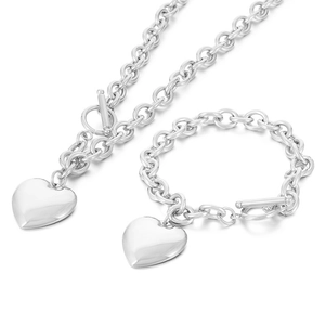 Ensemble collier et bracelet en acier inoxydable argenté avec cœur et fermoir OT