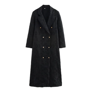 Women Long Trench Coat Jacquard Polyester Double Breasted Suit Collar Elegant Loose Overcoat With Gold Buttons