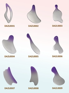 Selection of nine different stainless steel gua sha tools with purple gradient finish