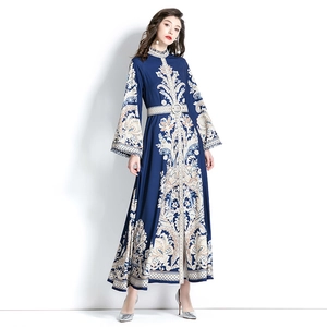 Long navy paisley dress with bell sleeves and elegant lace details for women