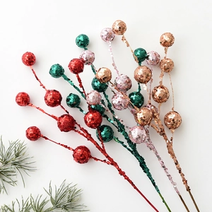 Tiges de baies de Noël scintillantes rouges, vertes et dorées pour décor de sapin
