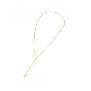 Detail of gold bead chain with hollow heart and rhinestone letter R pendant necklace