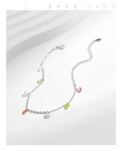 Detailed close-up of S925 silver bracelet with colorful zircon charms and lobster clasp