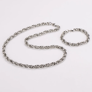 Classic 7.5mm silver stainless steel twisted rope chain necklace and bracelet jewelry set