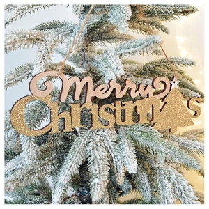 Detail of wooden Merry Christmas tree ornament with golden glitter and twine hanger