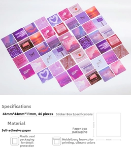 Detail of 46pcs vintage purple floral stickers with 44mm size and cardboard packaging